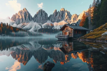 Gardinen Serene Mountain Lake With Cabin © Ilugram