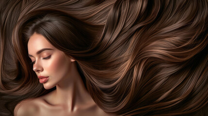 Fototapeta premium Luxurious Flowing Hair, A Woman with Beautiful and Shiny Brunette Waves