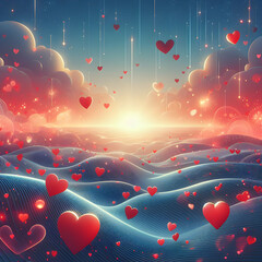 Valentines Day Background Banner Abstract Panorama with Red Hearts and Clouds