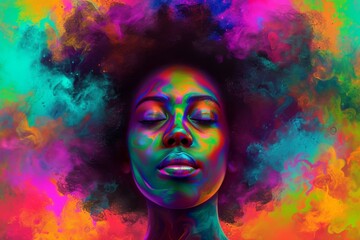 Vibrant hues swirl around her captivating face, a living canvas of artistic expression