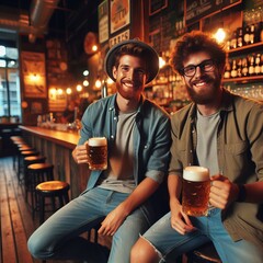 Two young men smiling with beer in their hands