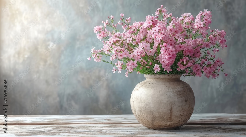 Poster A vase filled with pink flowers sits on top of a table.