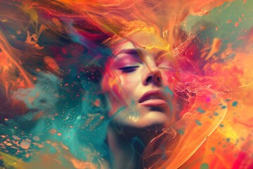Vibrant strokes of acrylic paint bring a human face to life in a modern portrait bursting with...
