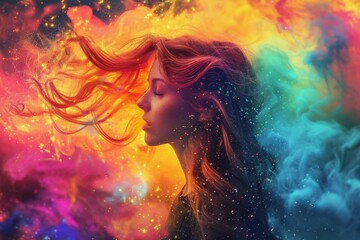 Vibrant brushstrokes bring to life a bold and expressive woman, her colorful hair a reflection of her artistic soul