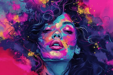 A vibrant portrait of a modern woman adorned with magenta and violet makeup, evoking a sense of artistic expression and creativity through the use of acrylic paint