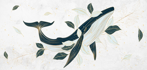 Luxury art background with a whale in the leaves of a tree in a golden line art style. Vector abstract animalistic banner for decoration, print, wallpaper, textile, poster, interior design. - obrazy, fototapety, plakaty