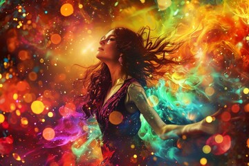 A vibrant woman with a glowing face surrounded by a rainbow of colorful smoke, exuding confidence and positivity
