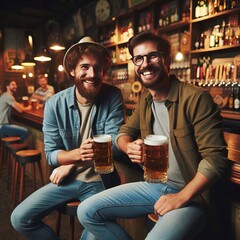 Illustration of two young men having a beer in the bar