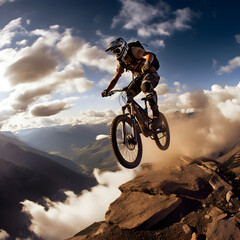 High Flying: A Mountain Biker’s Daredevil Stunt Against the Backdrop of Rugged Wilderness