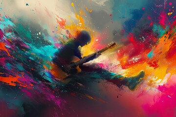 A vibrant display of musical expression as a person strums their guitar, surrounded by a colorful abstract painting created with bold strokes of acrylic paint - obrazy, fototapety, plakaty