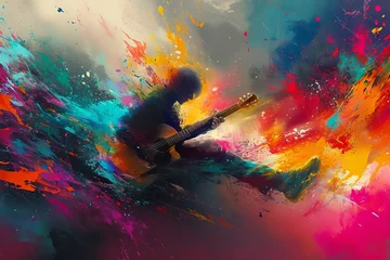 Foto op Plexiglas A vibrant display of musical expression as a person strums their guitar, surrounded by a colorful abstract painting created with bold strokes of acrylic paint © AiAgency