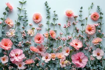 Blooming Pink Flowers on a Pastel Blue Background