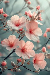 Blooming Spring Pink Flowers on a Pastel Background
