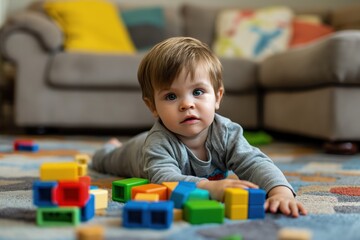 Little Boy Playing With Blocks on the Floor