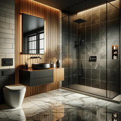 modern bathroom interior design featuring a blend of materials and textures. The walls are th combination of warm wooden panels and cool grey stone tiles.
