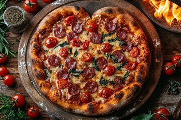 Fototapeta na wymiar Heart fire-baked pizza salami 