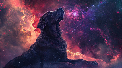 An elegant and imaginative depiction of a large, happy dog posed against a backdrop of a vivid galaxy The image combines the joyfulness of the dog with the cosmic beauty of the galaxy, creating