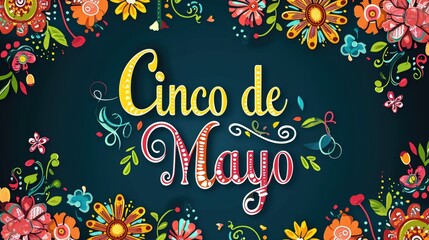 Fototapeta na wymiar Cinco de mayo lettering text with flowers bouquet. Traditional Mexican Holiday.