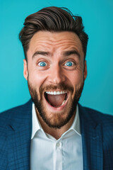 Excited, happy, handsome businessman, studio background