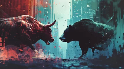 Fotobehang A powerful generative AI illustration showcasing a bull and bear in a symbolic face-off, representing the ever-changing landscape of the financial markets The artwork emphasizes the contrast be © 1st footage