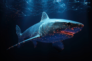 A shark is shrouded in neural connections deep underwater. Character for a computer game. Generated by artificial intelligence - obrazy, fototapety, plakaty