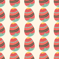 Easter eggs pattern. Happy Easter background with red egg . Flat colorful seamless design. Stock vector Easter wallpaper illustration
