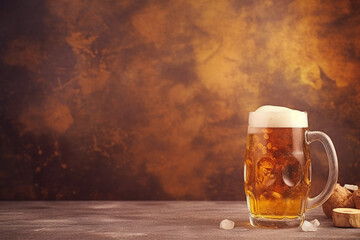 A frothy beer in a mug against a warm backdrop.