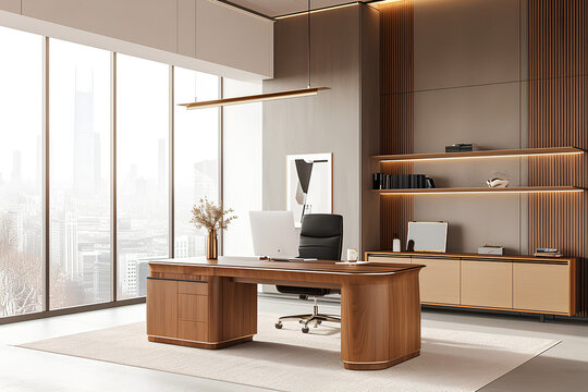 Luxury ceo workplace interior with desk near window, pc desktop and sideboard
