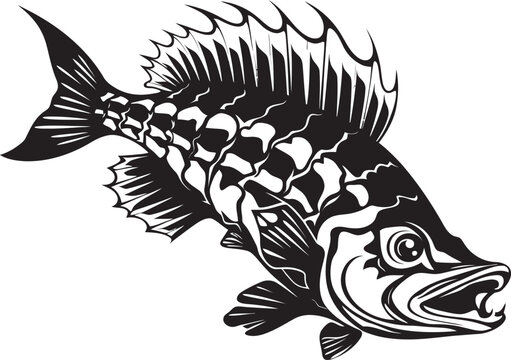 Ferocious Framework Vector Logo of Predator Fish Skeleton in Black Shadowy Spine Black Iconic Predator Fish Skeleton Vector Design