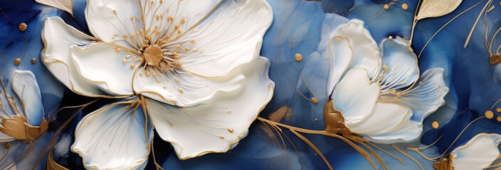 beautiful white flowers on a blue marble background - obrazy, fototapety, plakaty