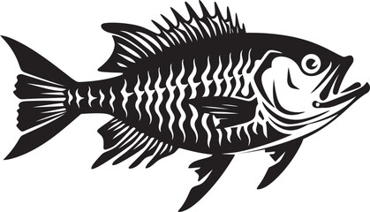 Grisly Glyphs Minimalistic Predator Fish Logo in Black Vector Eerie Exoskeleton Iconic Black Predator Fish Skeleton Vector Design
