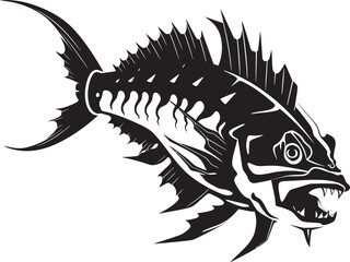 Macabre Morphology Vector Logo of Predator Fish Skeleton in Black Serrated Specter Black Iconic Predator Fish Skeleton Vector Design