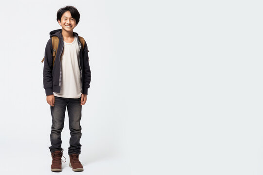 Asian Chinese Teenager Boy With Backpack Over White Background. Middle School Smiling At Camera Back To School. Copy Space For Advertising Blank. Childhood, Education, Products For Children