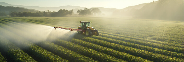 tractor spraying field in spring with sprayer - obrazy, fototapety, plakaty