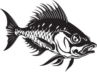 Abyssal Aura Vector Logo of Predator Fish Skeleton in Elegant Black Dreadful Dorsal Black Iconic Predator Fish Skeleton Vector Design