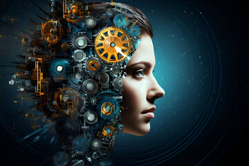 Human head, illustrating creative brain. Neural network data processing - obrazy, fototapety, plakaty