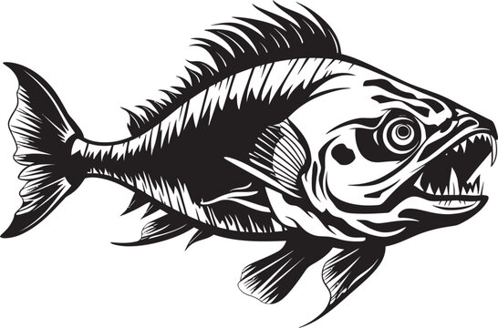 Grim Gills Black Icon Design of Predator Fish Skeleton Logo Savage Skeletal Vector Logo of Predator Fish Skeleton in Black