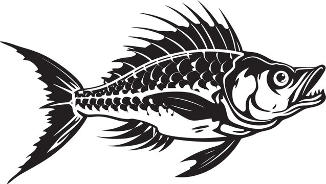 Vicious Vertebrate Vector Black Icon Design of Predator Fish Skeleton Haunting Harbinger Minimalistic Predator Fish Logo in Black Vector