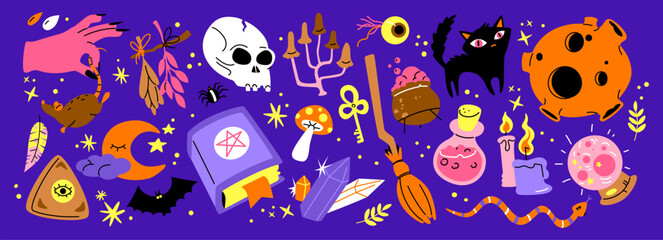 Cartoon set of stickers of magic and witchcraft. 90s wild magic design. botanical elements,skull,cards,hand,eye,potion. Halloween set	