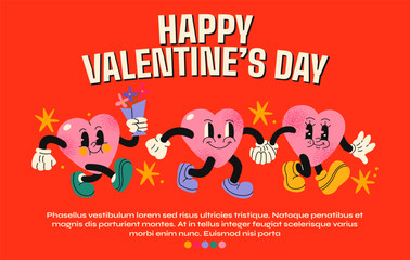 Cartoon poster characters heart. Groovy hippie heart card for Valentine's Day February 14th. Trandy funky style of the 90s. Vector banner