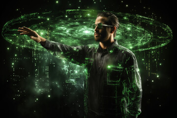 Fototapeta na wymiar portrait of a man in sunglasses operating with green holography around him on a dark background, particles of light, cybernetics, the concept of science fiction and cyber art
