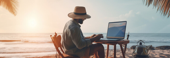 freelancer in casual wear working on laptop on the beach.