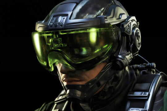 portrait of a man as special forces soldier wearing in helmet with headphones and virtual reality glasses, a warrior in army uniform, digital future, black background