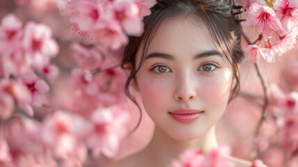 Chinese woman under a canopy of cherry blossoms
