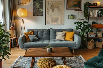 The modenr boho interior of living room in cozy apartment with design coffee table, gray sofa, wooden cube honey yellow pillow, desk, green armchair, plants and elegant accessories. Modern home decor.