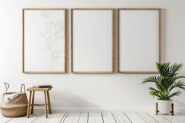 Fototapeta na wymiar three wooden frame on white wall, frame mockup, 3d render