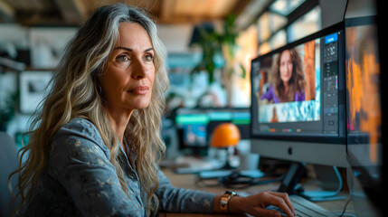 Mujer de mediana edad trabajando en la oficina con un ordenador haciendo una videoconferencia - obrazy, fototapety, plakaty