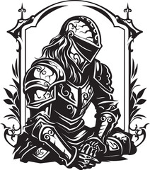 Wistful Warrior Black Icon Design for Vector Sad Knight Soldier Regretful Sorrow Iconic Sad Knight Soldier Logo in Black Vector