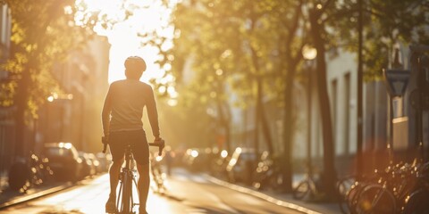 Obraz premium cyclist rides through the city Generative AI