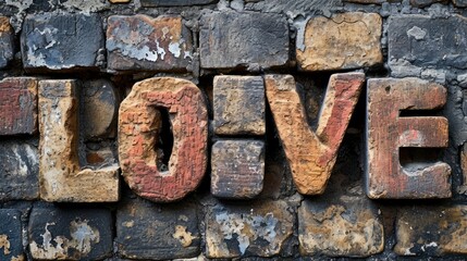 Ancient Brick Love concept creative horizontal art poster. Photorealistic textured word Love on artistic background. Horizontal Illustration. Ai Generated Romance and Passion Symbol.